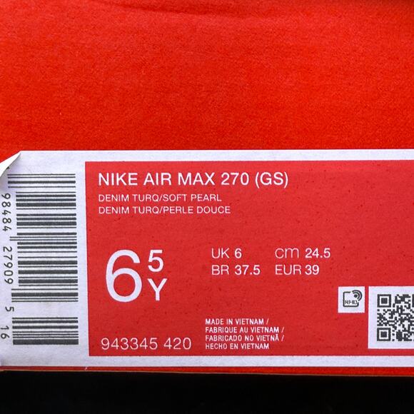 Nike Air Max 270 Shoes (Denim Turquoise/Light Silver/Soft Pearl) Size 6.5Y/ 8 W - Picture 9 of 9